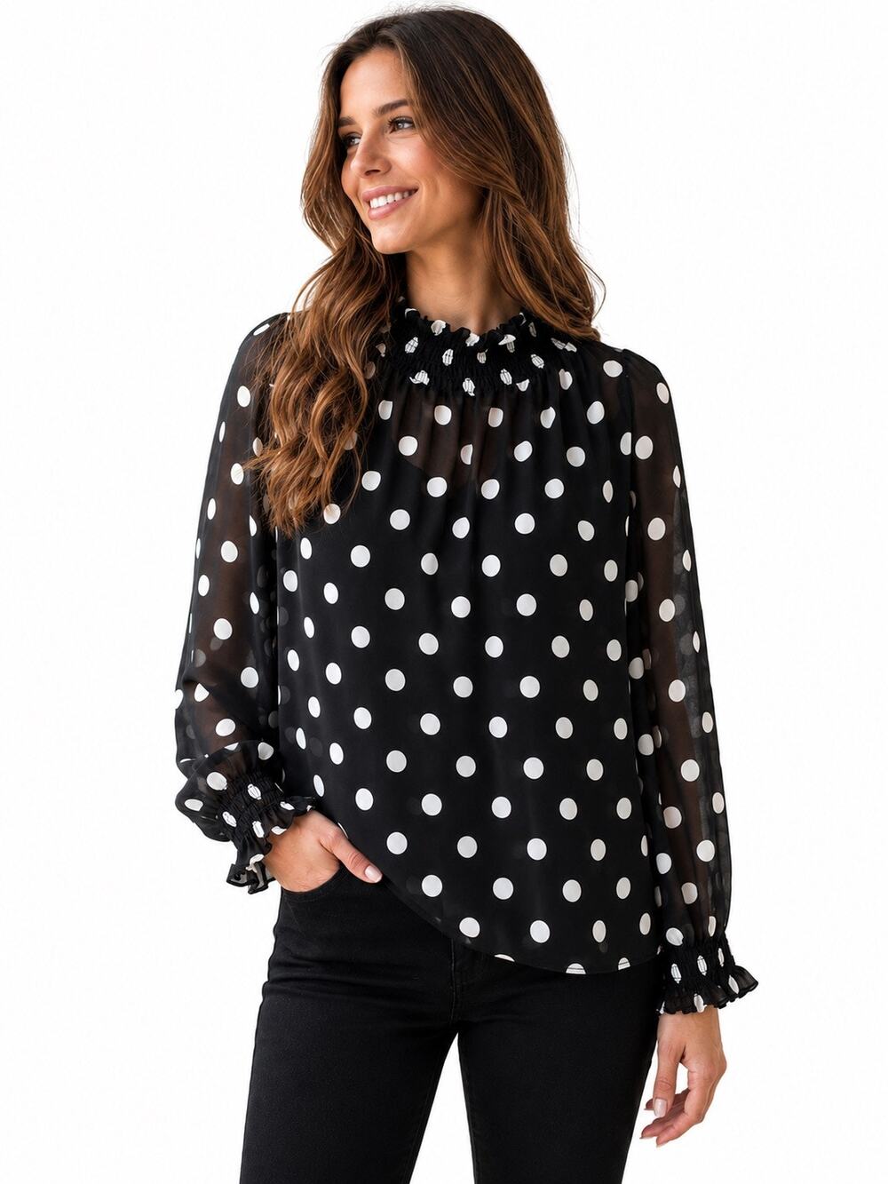Torrid Black White Polka Dot Smocked Neck Semi Sheer Blouse Top 00 Med/Large